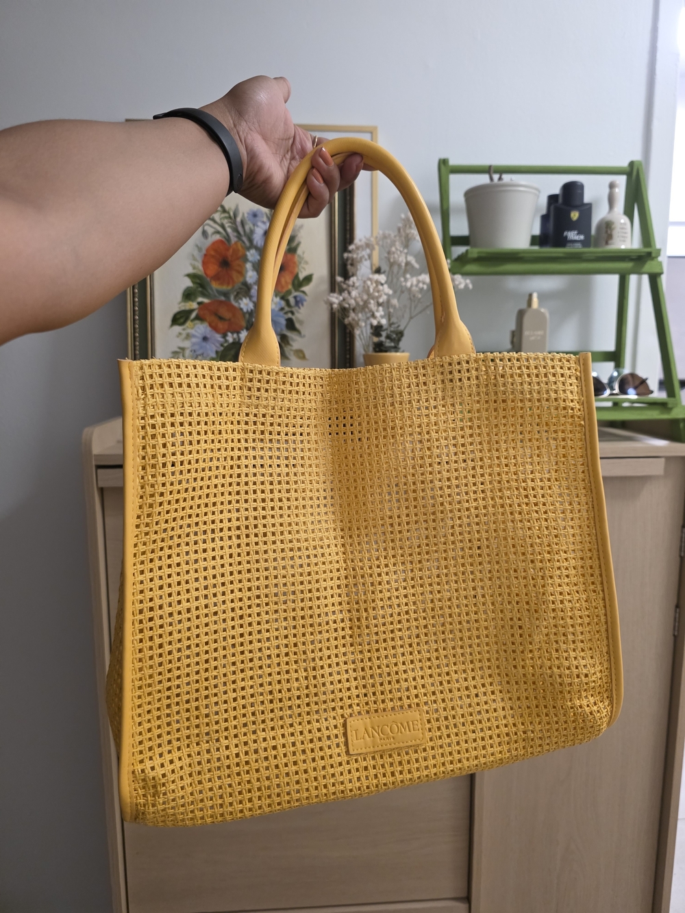 LancomeYellow Woven Tote Bag